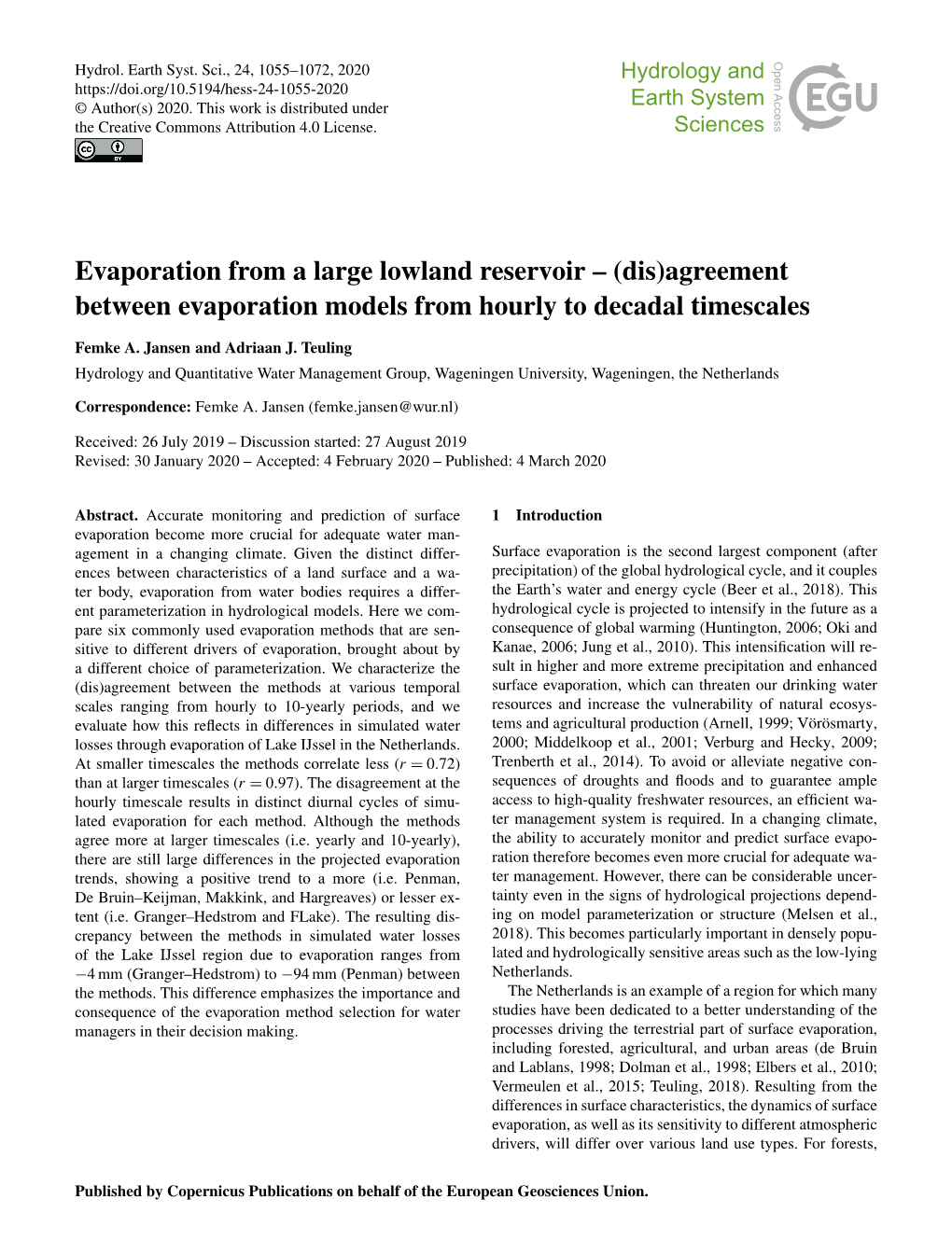 Evaporation from a Large Lowland Reservoir – (Dis)Agreement Between Evaporation Models from Hourly to Decadal Timescales