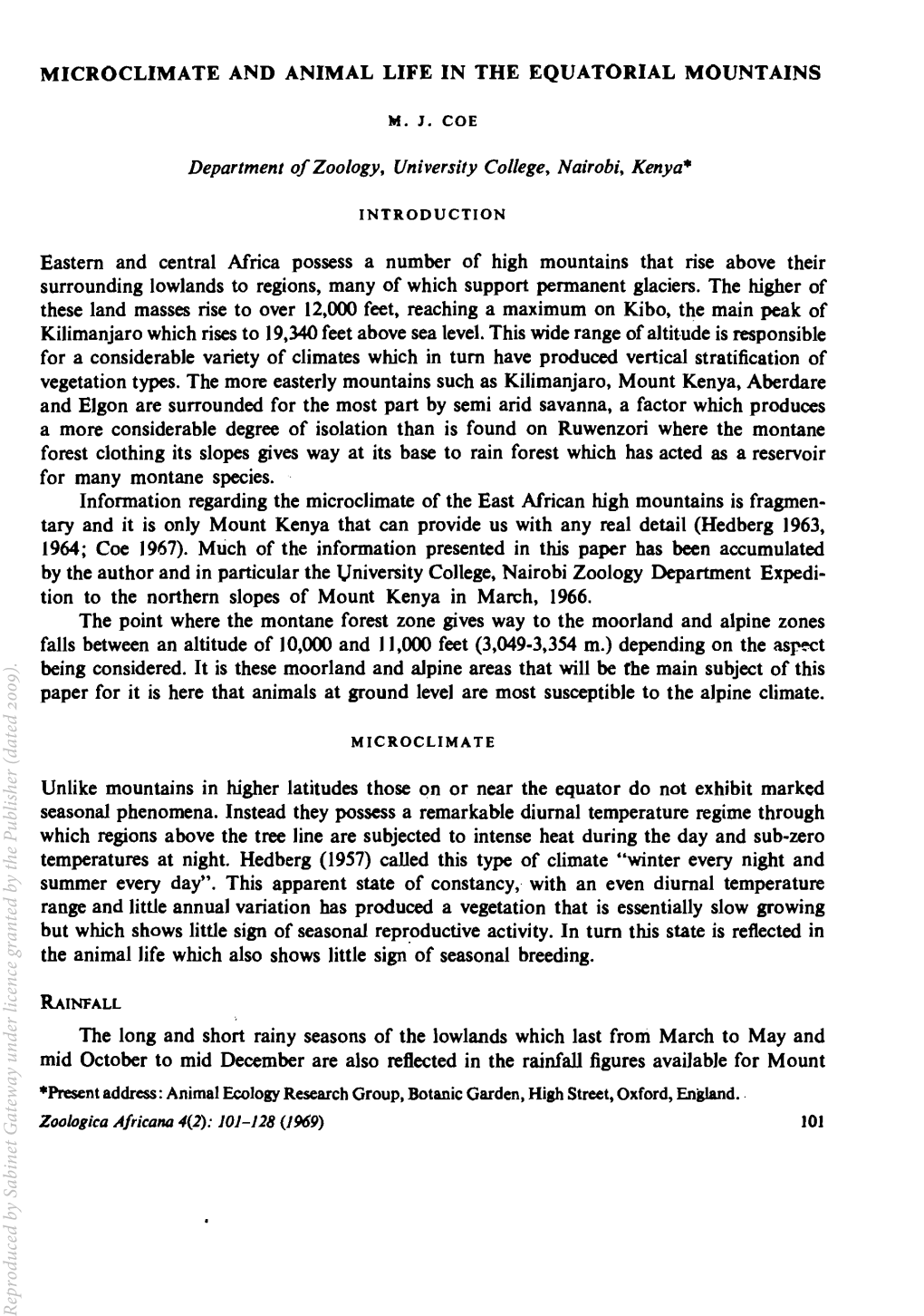 Microclimate and Animal Life in the Equatorial Mountains