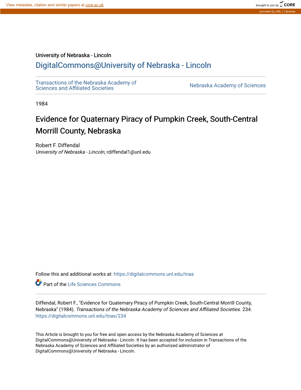 Evidence for Quaternary Piracy of Pumpkin Creek, South-Central Morrill County, Nebraska