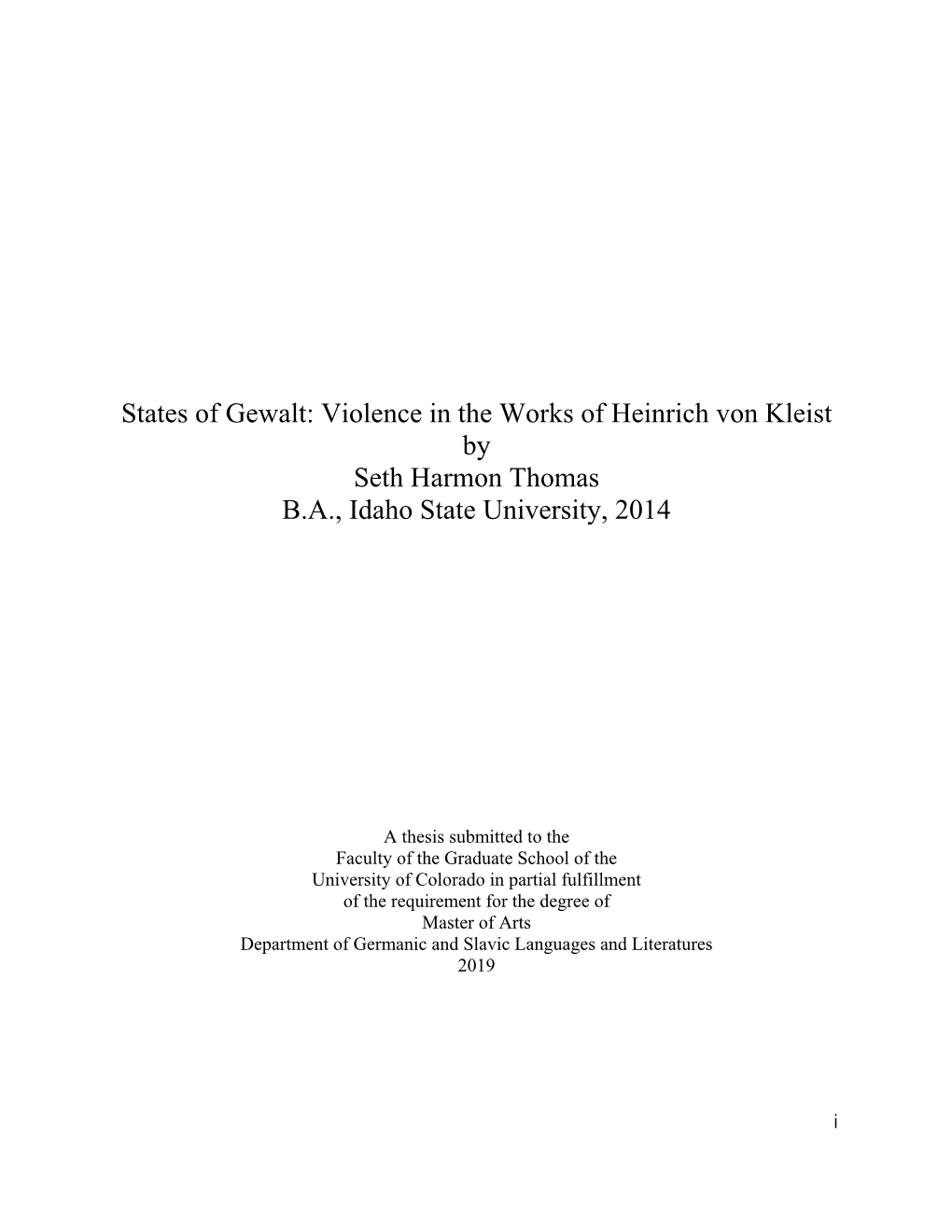 Violence in the Works of Heinrich Von Kleist by Seth Harmon Thomas BA