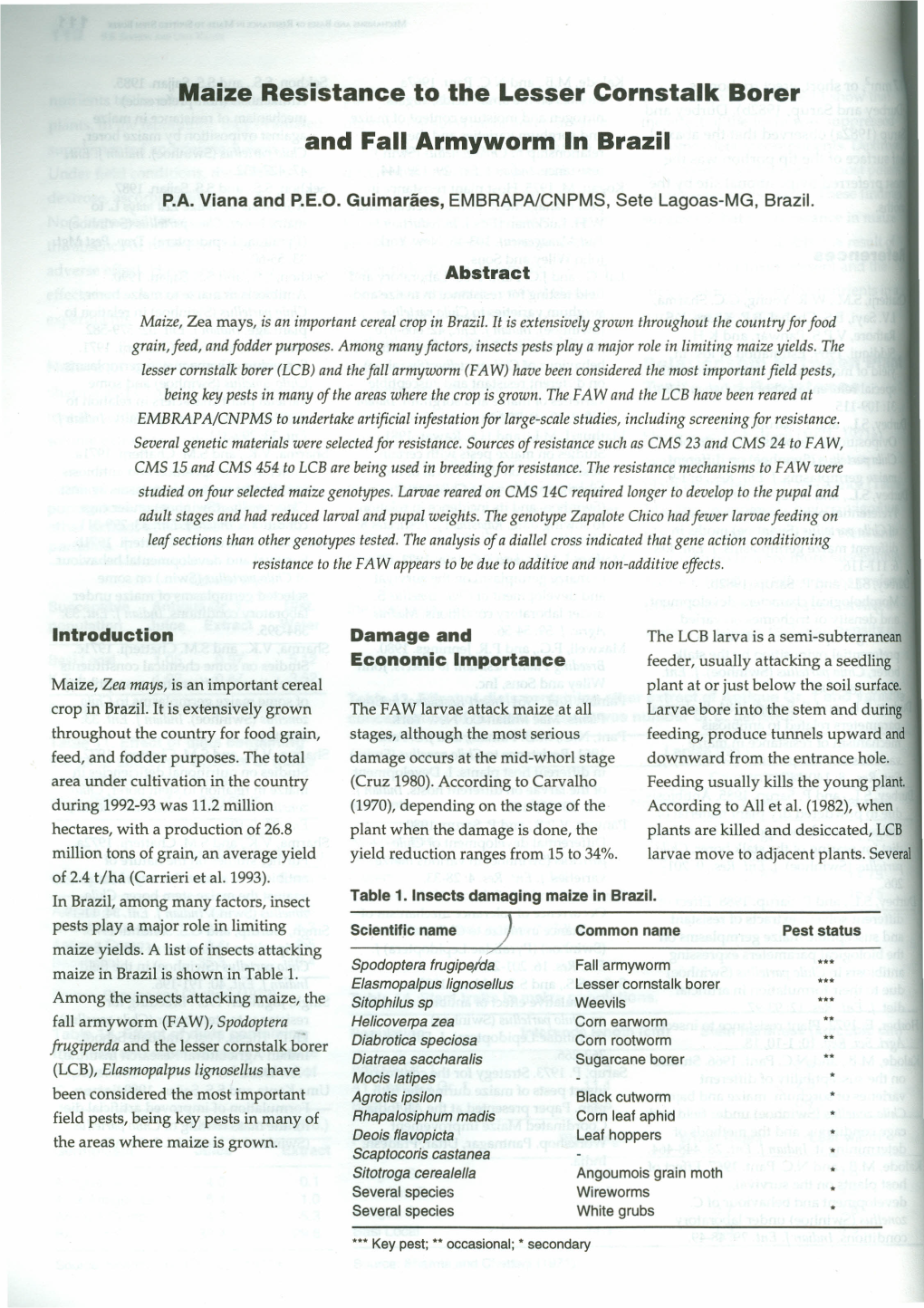 And Fali Armyworm in Brazil Maize Resistance to the Lesser Cornstalk