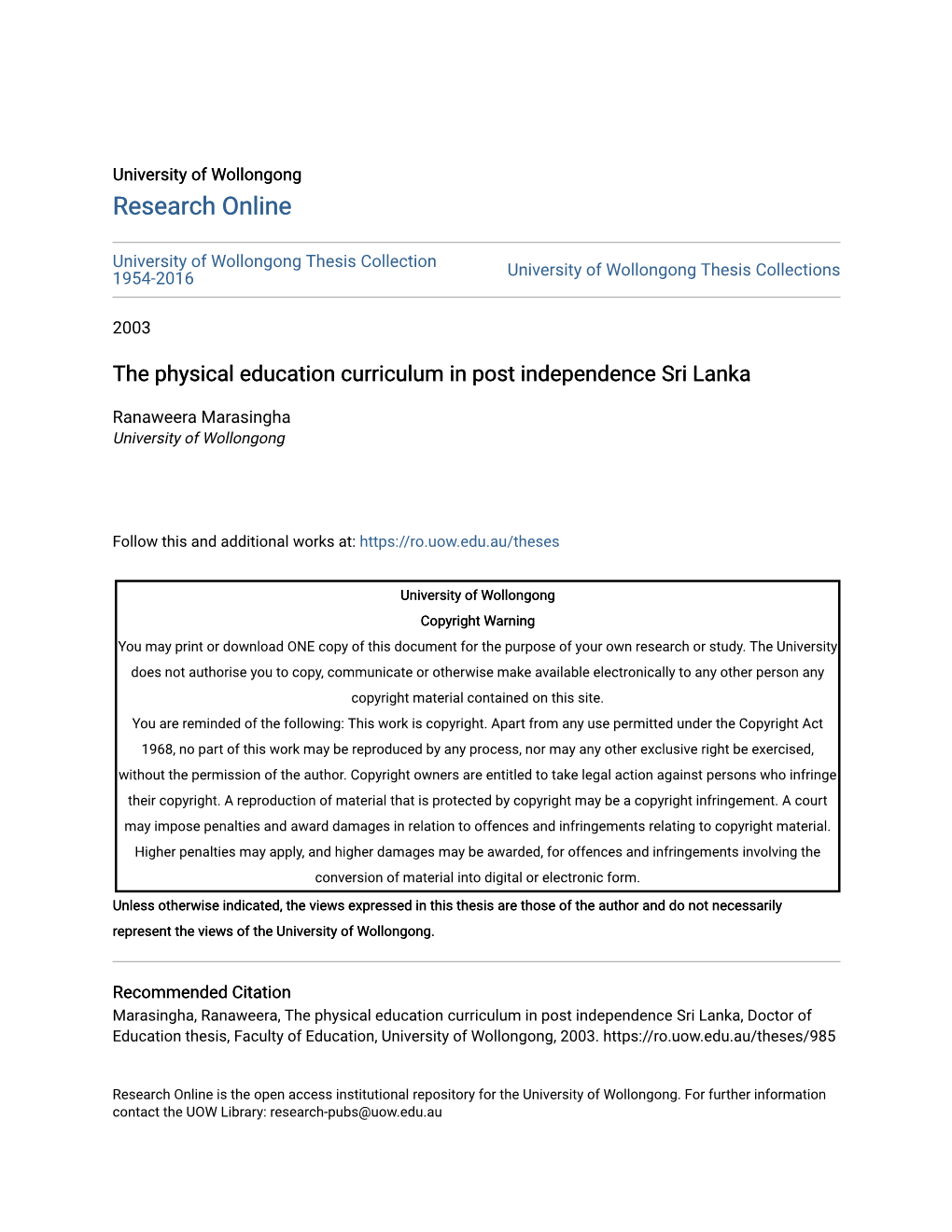 The Physical Education Curriculum in Post Independence Sri Lanka