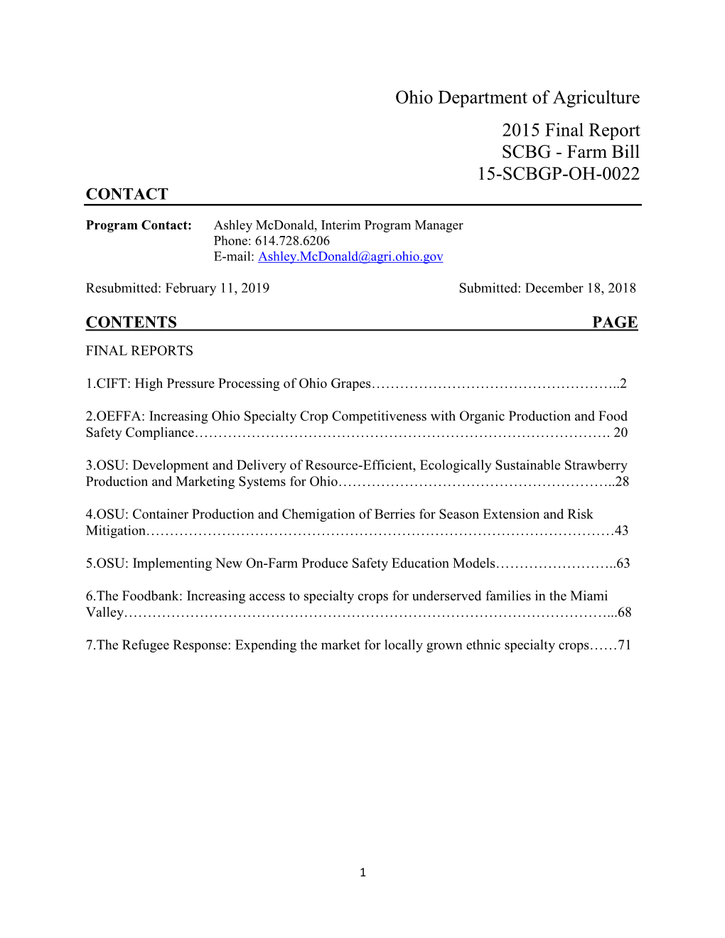 Ohio Department of Agriculture 2015 Final Report SCBG