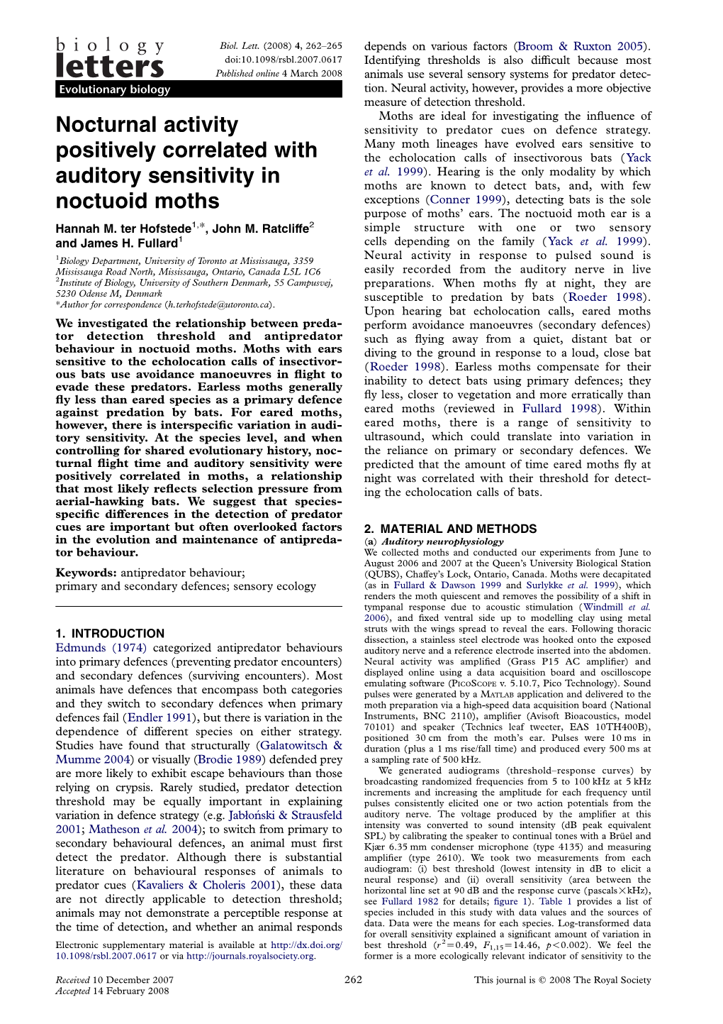 Nocturnal Activity Positively Correlated with Auditory Sensitivity in Noctuoid