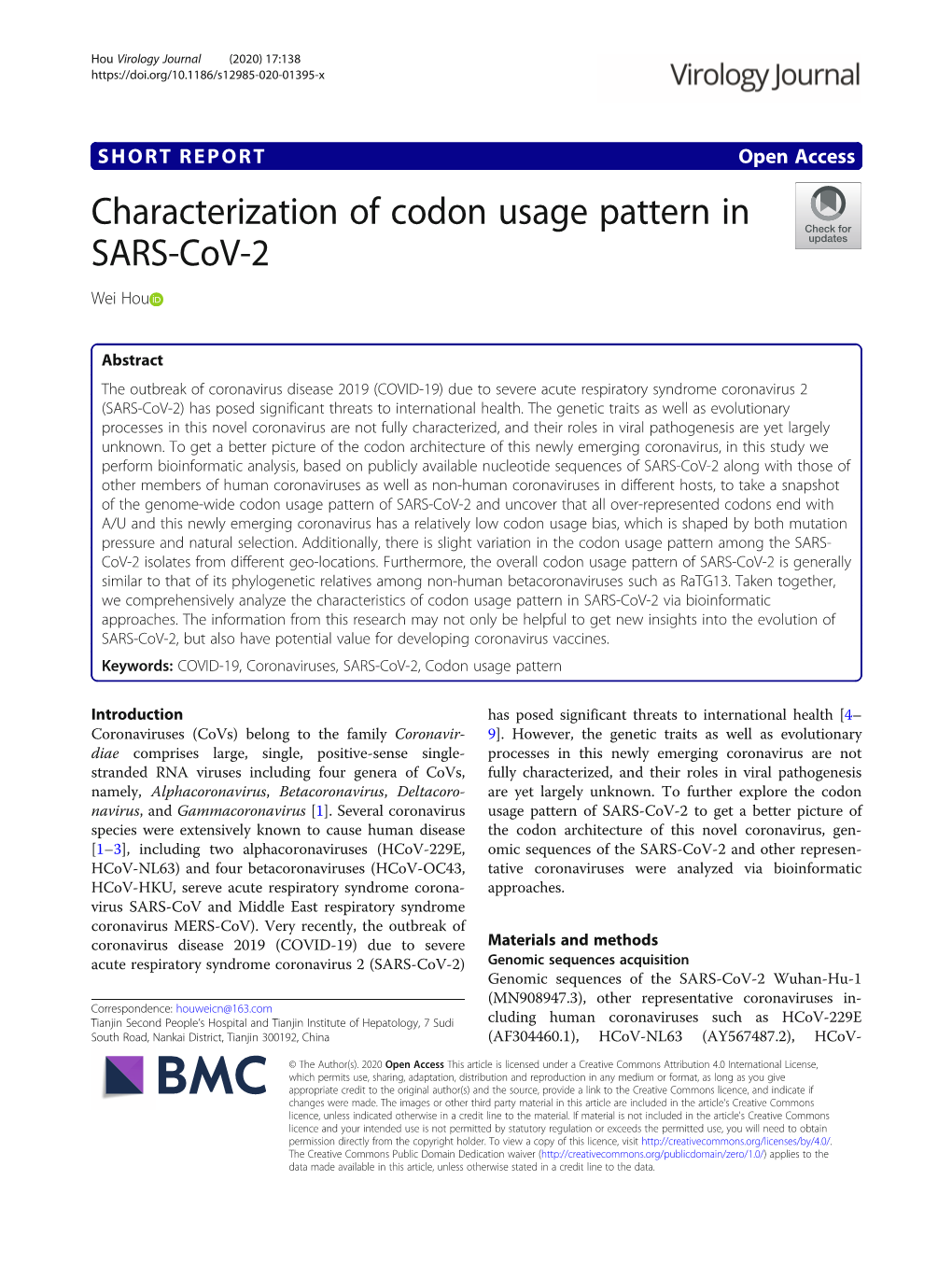 Characterization of Codon Usage Pattern in SARS-Cov-2 Wei Hou