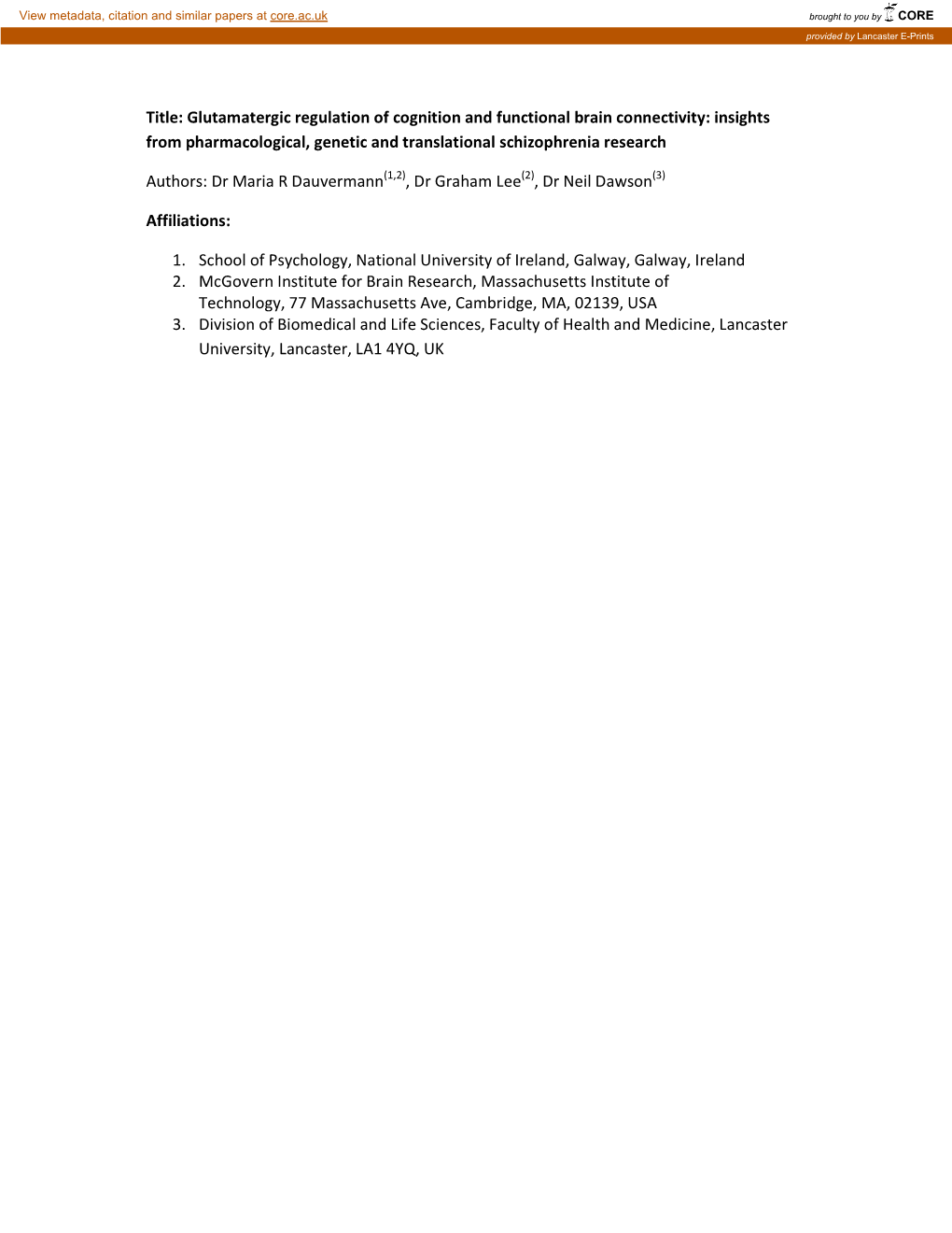 Glutamatergic Regulation of Cognition and Functional Brain Connectivity: Insights from Pharmacological, Genetic and Translational Schizophrenia Research