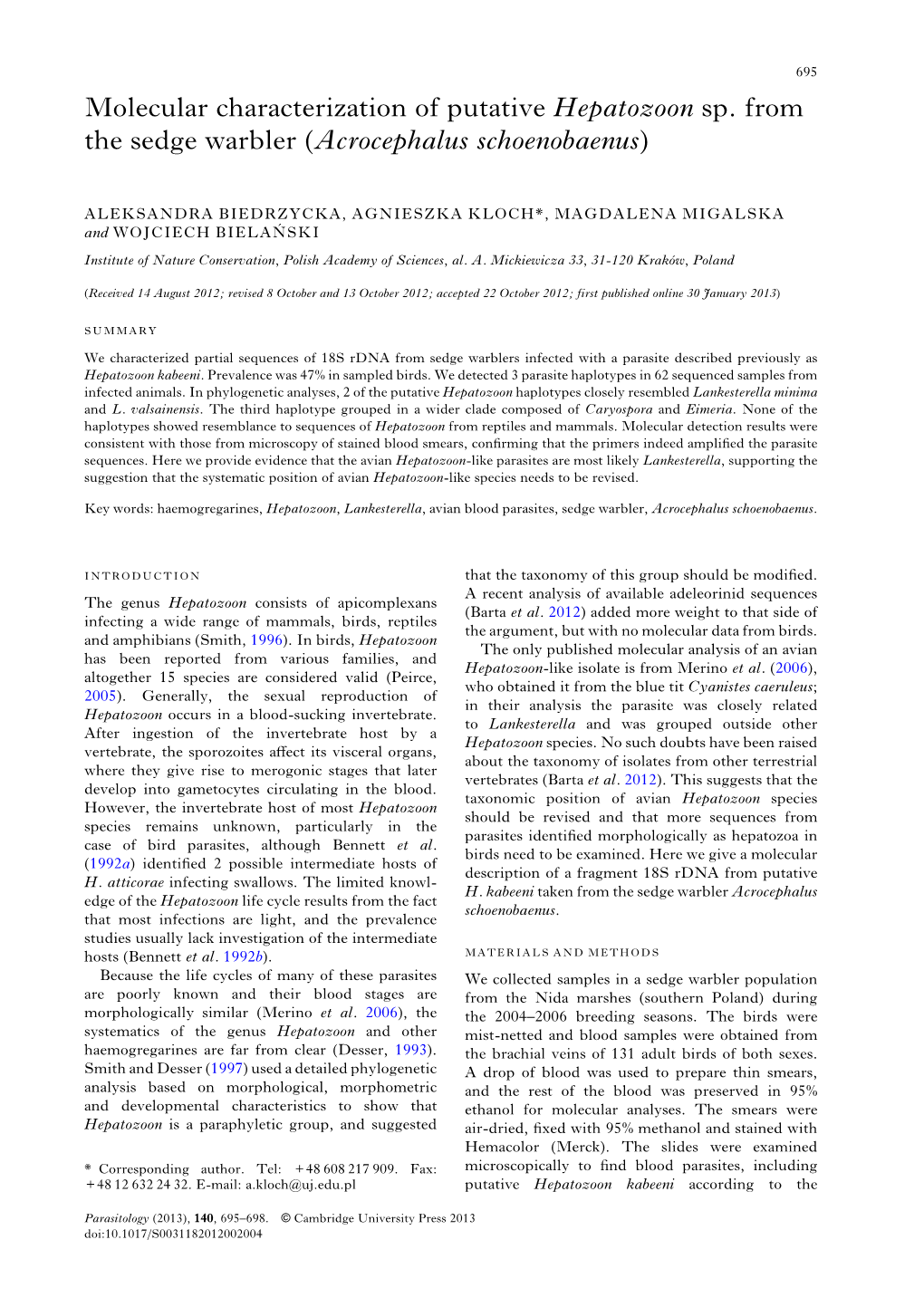 Molecular Characterization of Putative Hepatozoon Sp. from the Sedge Warbler (Acrocephalus Schoenobaenus)