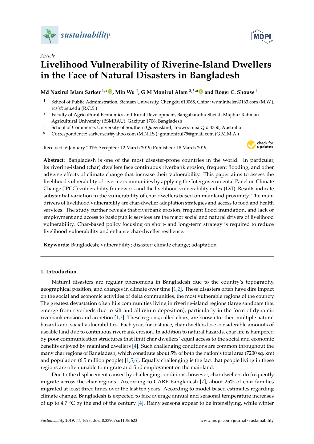 Livelihood Vulnerability of Riverine-Island Dwellers in the Face of Natural Disasters in Bangladesh