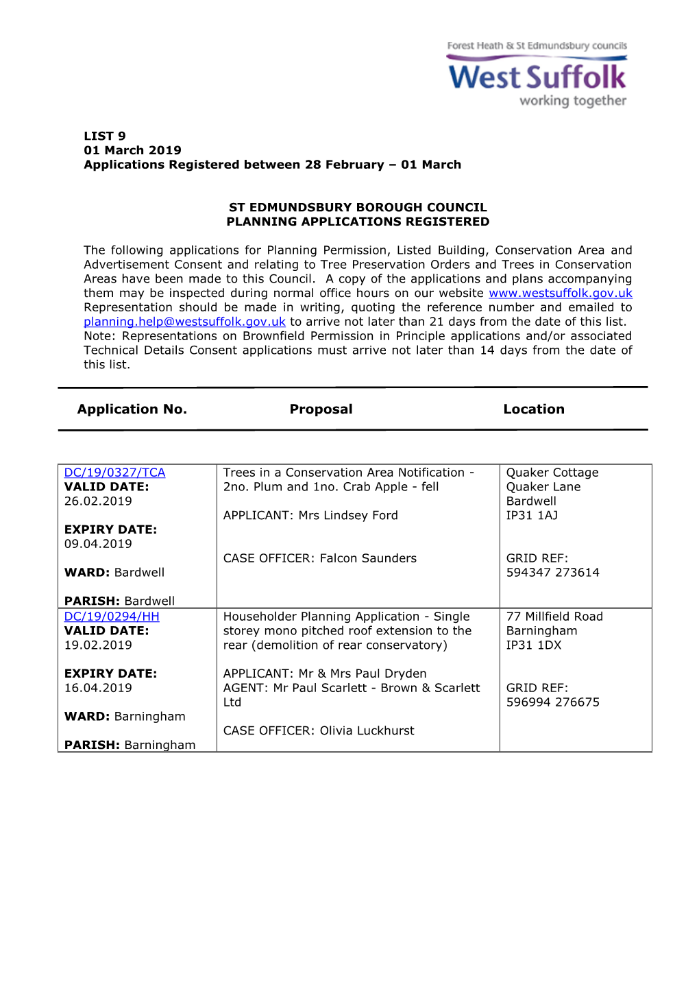 SEBC Planning Applications 09/19