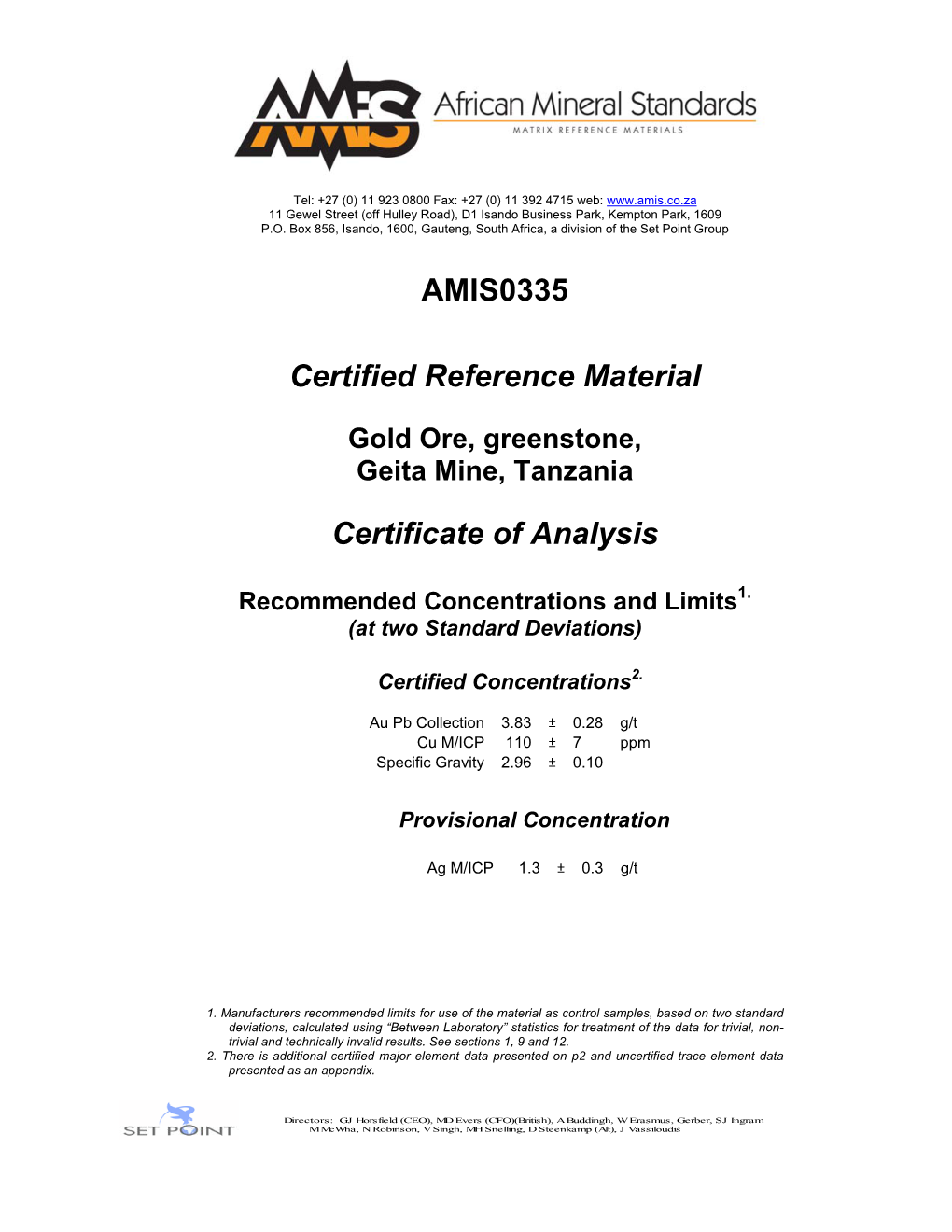 AMIS0335 Certified Reference Material Certificate of Analysis