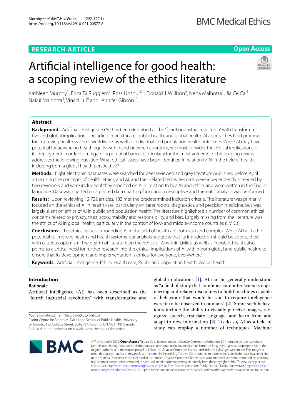 Artificial Intelligence for Good Health: a Scoping Review of the Ethics Literature