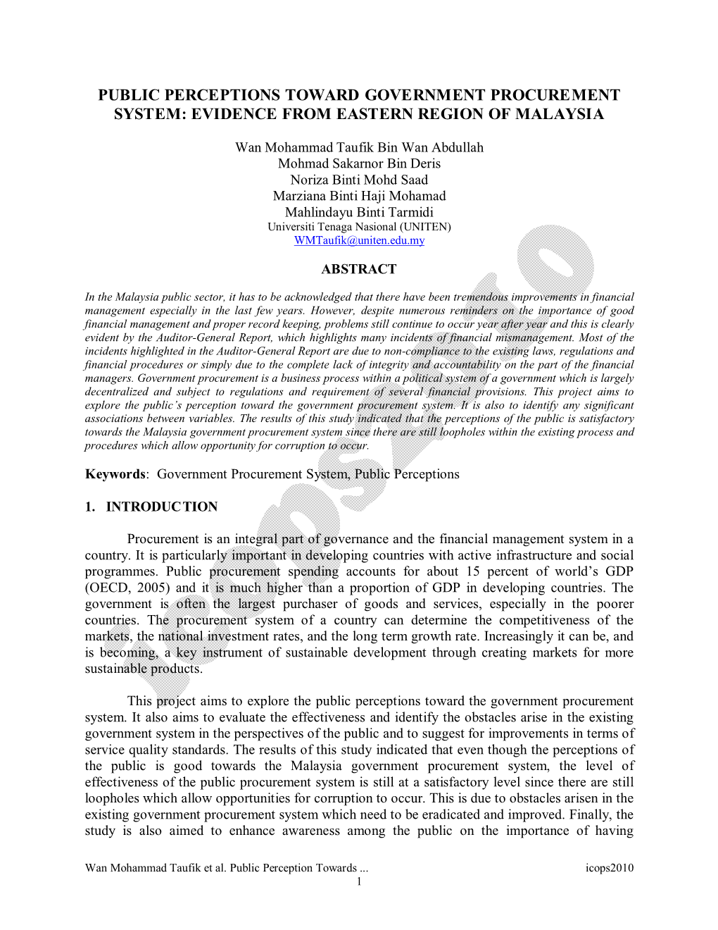 Public Perceptions Toward Government Procurement System: Evidence from Eastern Region of Malaysia