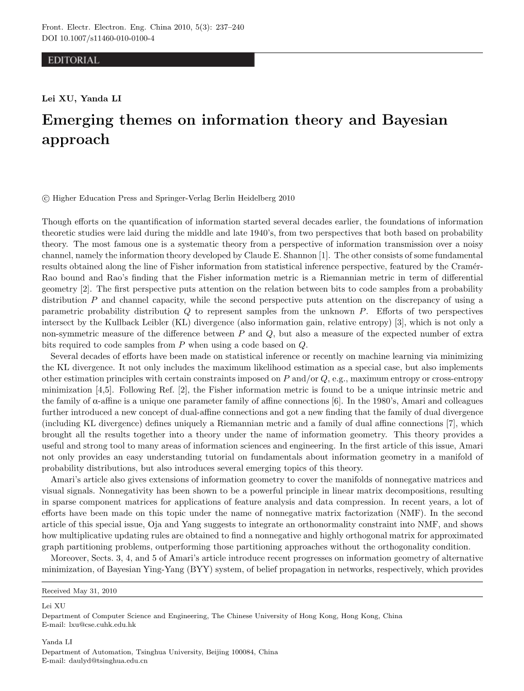 Emerging Themes on Information Theory and Bayesian Approach