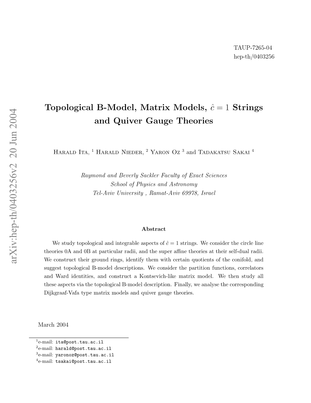 Topological B-Model, Matrix Models, $\Hat {C}= 1$ Strings and Quiver