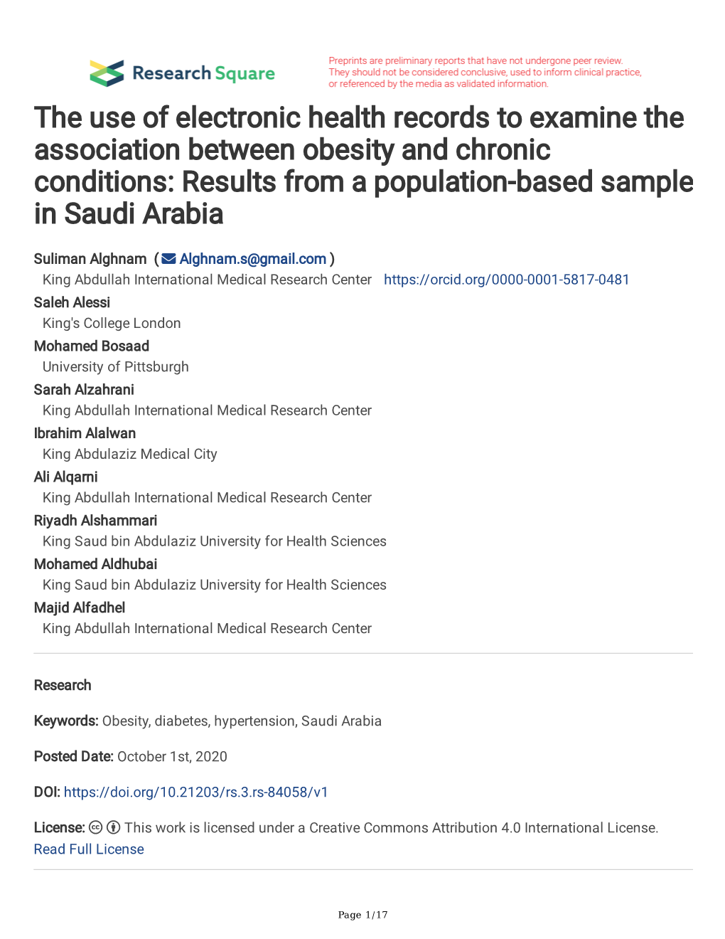 The Use of Electronic Health Records to Examine the Association Between Obesity and Chronic Conditions: Results from a Population-Based Sample in Saudi Arabia
