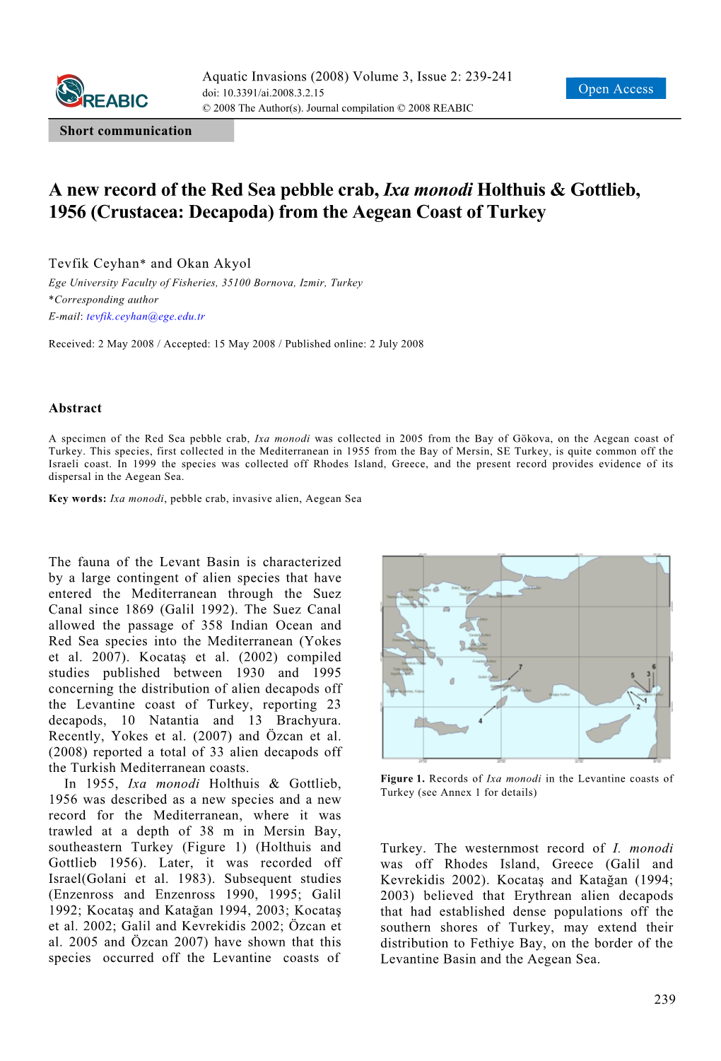 A New Record of the Red Sea Pebble Crab, Ixa Monodi Holthuis & Gottlieb