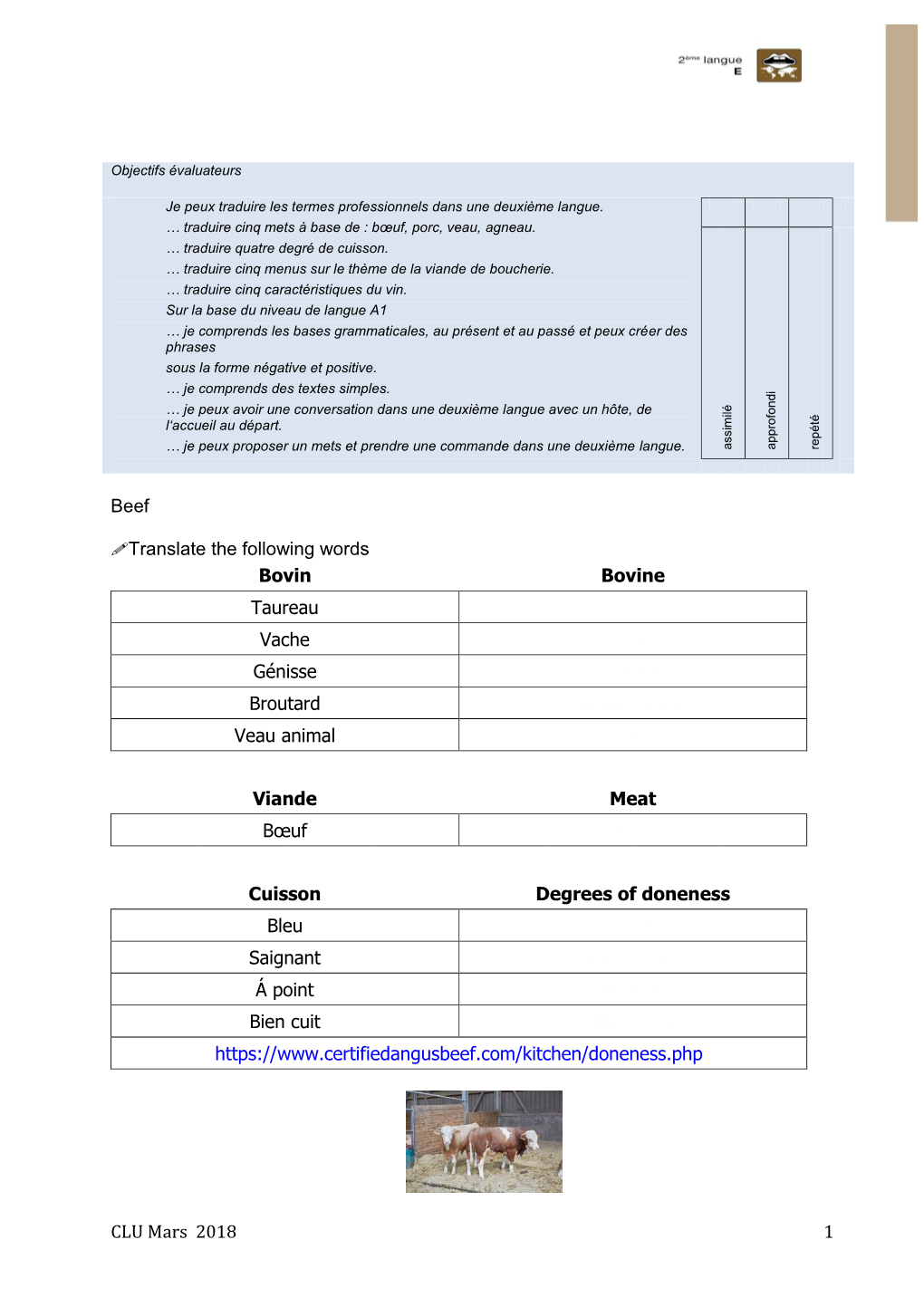 CLU Mars 2018 1 Beef Translate the Following Words Bovin Bovine