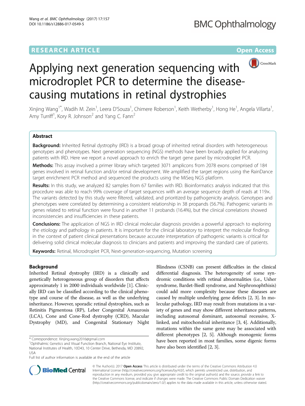 Applying Next Generation Sequencing with Microdroplet PCR to Determine the Disease-Causing Mutations in Retinal Dystrophies