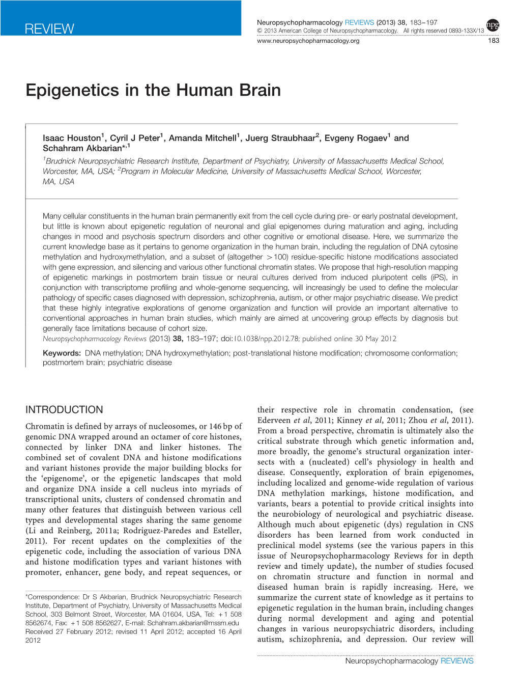 Epigenetics in the Human Brain