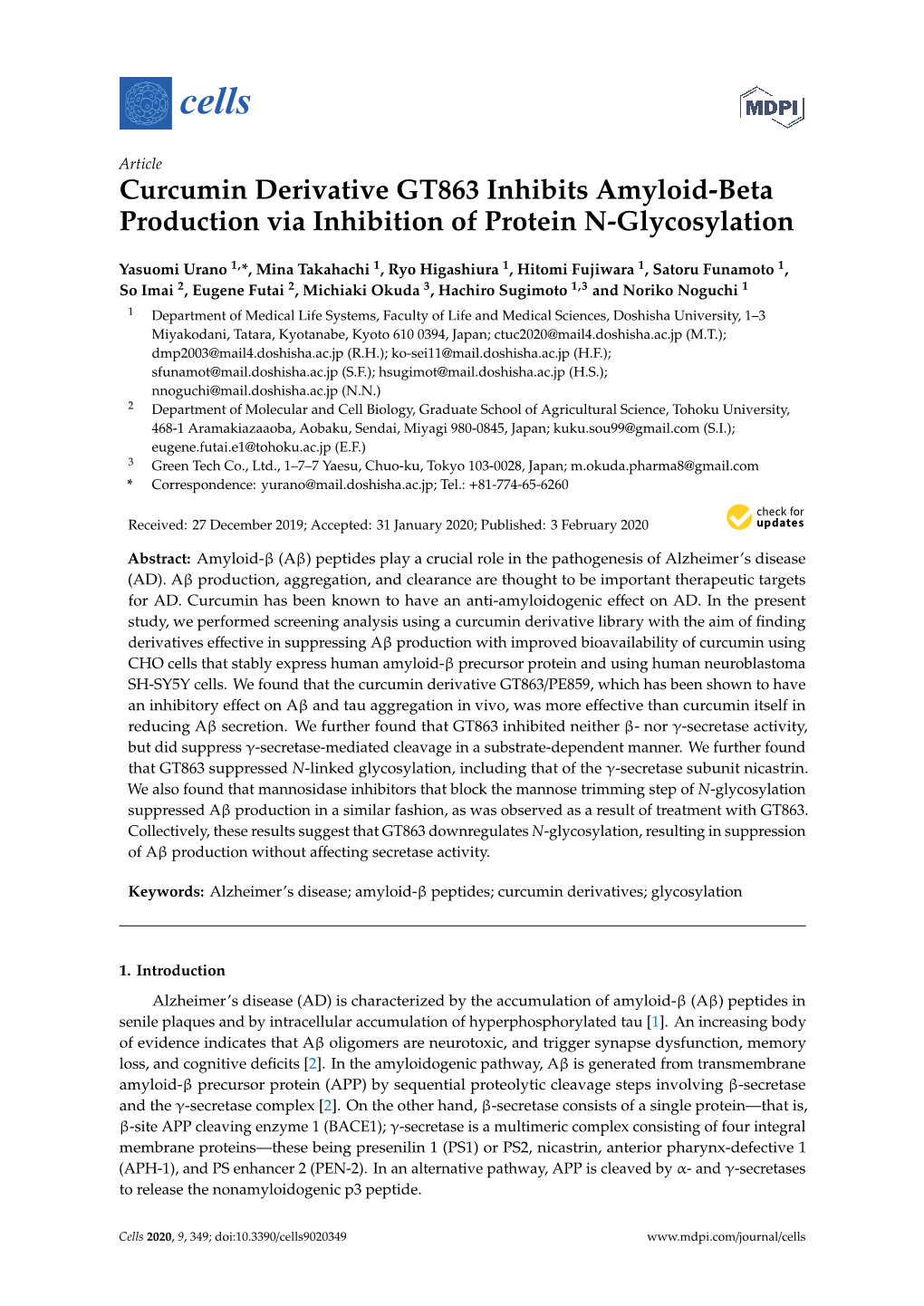 Curcumin Derivative GT863 Inhibits Amyloid-Beta Production Via Inhibition of Protein N-Glycosylation