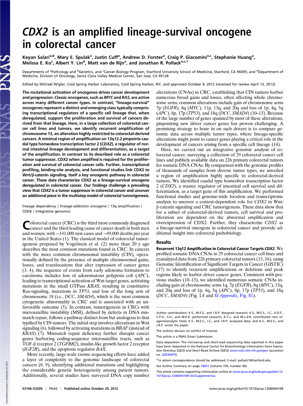 CDX2 Is an Ampli Fied Lineage-Survival Oncogene In