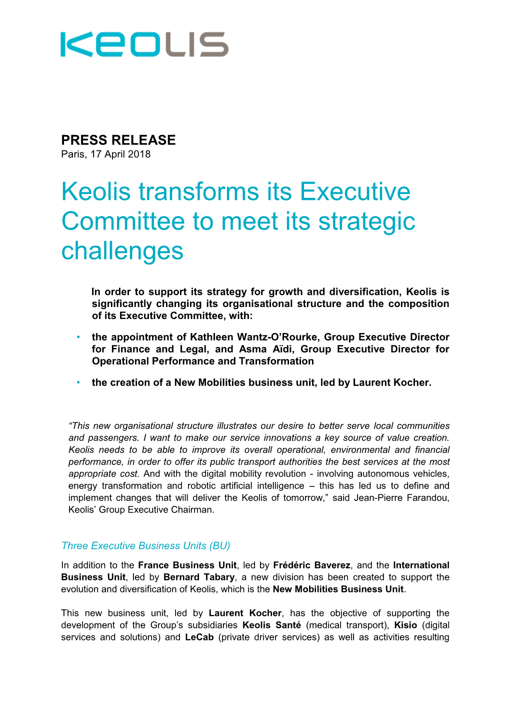 Keolis Transforms Its Executive Committee to Meet Its Strategic Challenges