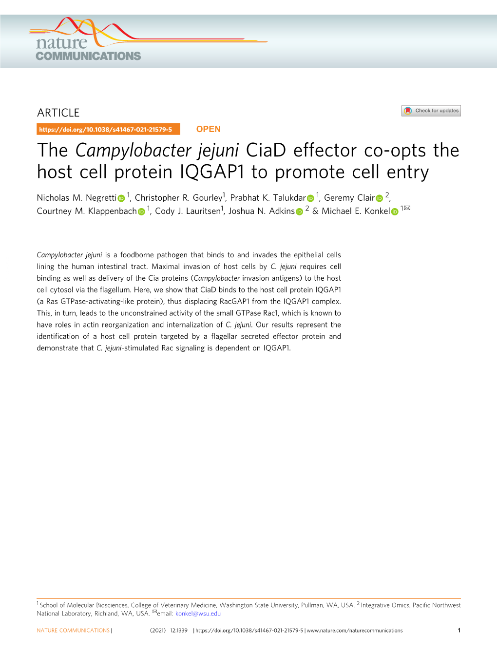 The Campylobacter Jejuni Ciad Effector Co-Opts the Host Cell Protein IQGAP1 to Promote Cell Entry