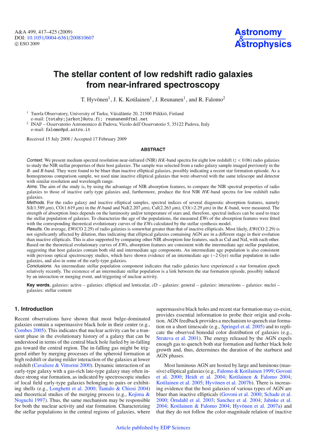 The Stellar Content of Low Redshift Radio Galaxies from Near-Infrared Spectroscopy