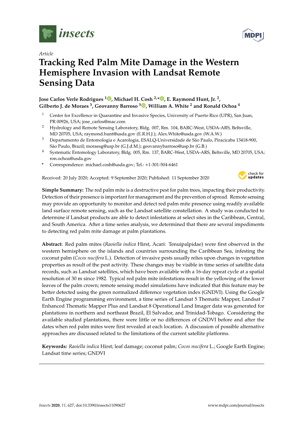 Tracking Red Palm Mite Damage in the Western Hemisphere Invasion with Landsat Remote Sensing Data