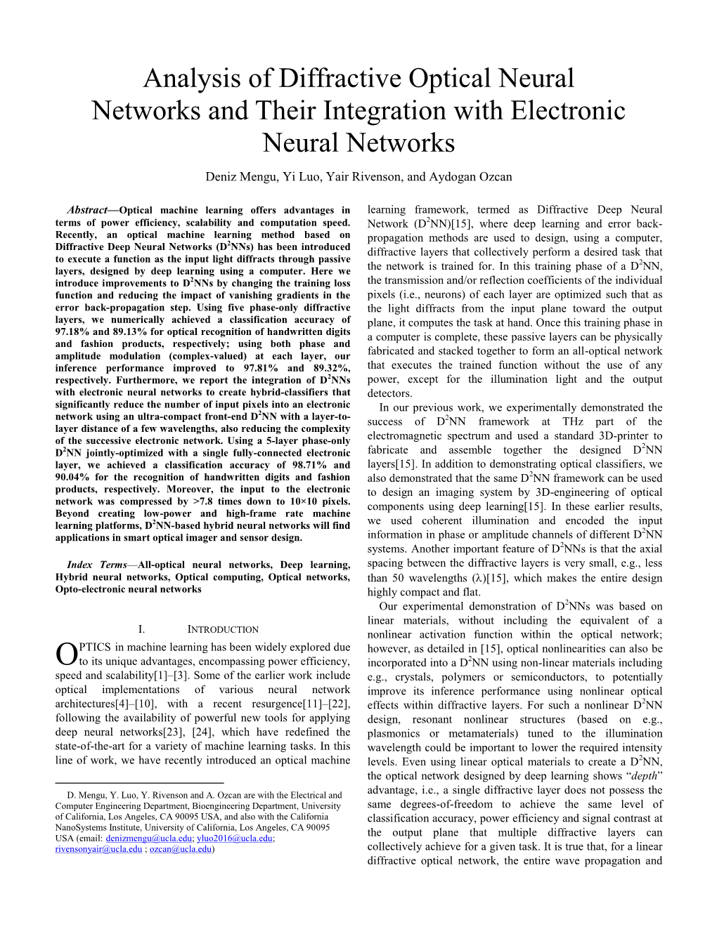 Analysis of Diffractive Optical Neural Networks and Their Integration with Electronic Neural Networks Deniz Mengu, Yi Luo, Yair Rivenson, and Aydogan Ozcan