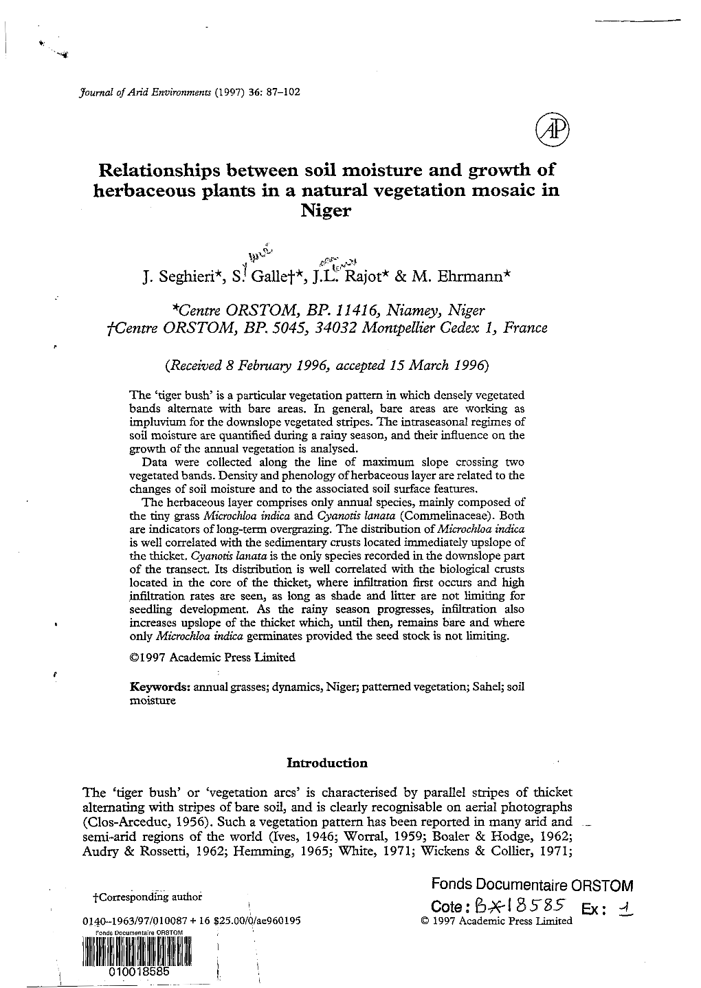 Relationships Between Soil Moisture and Growth of Herbaceous Plants in a Natural Vegetation Mosaic in Niger