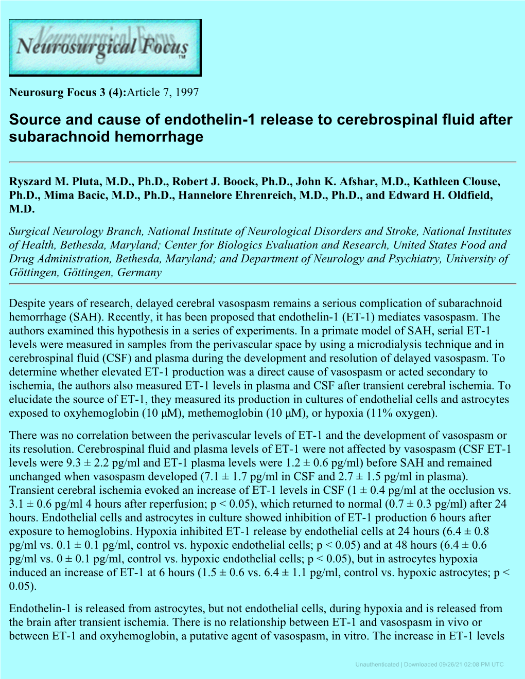 Source and Cause of Endothelin-1 Release to Cerebrospinal Fluid After Subarachnoid Hemorrhage