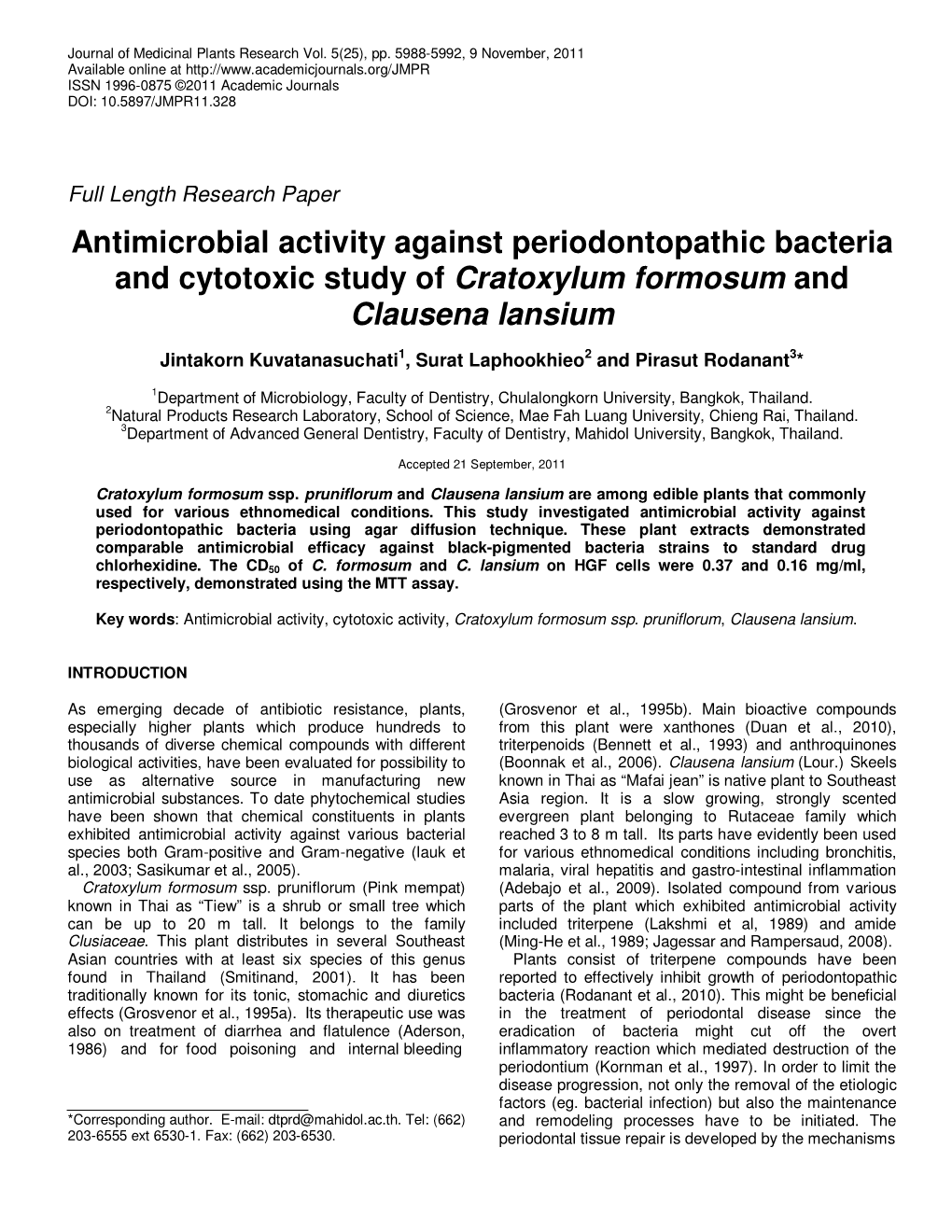 Antimicrobial Activity Against Periodontopathic Bacteria and Cytotoxic Study of Cratoxylum Formosum and Clausena Lansium