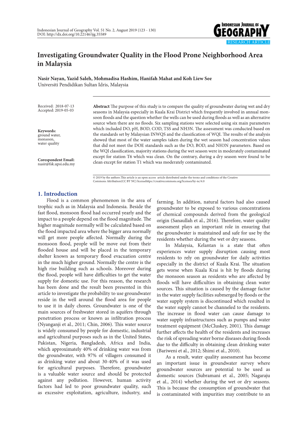 Investigating Groundwater Quality in the Flood Prone Neighborhood Area in Malaysia