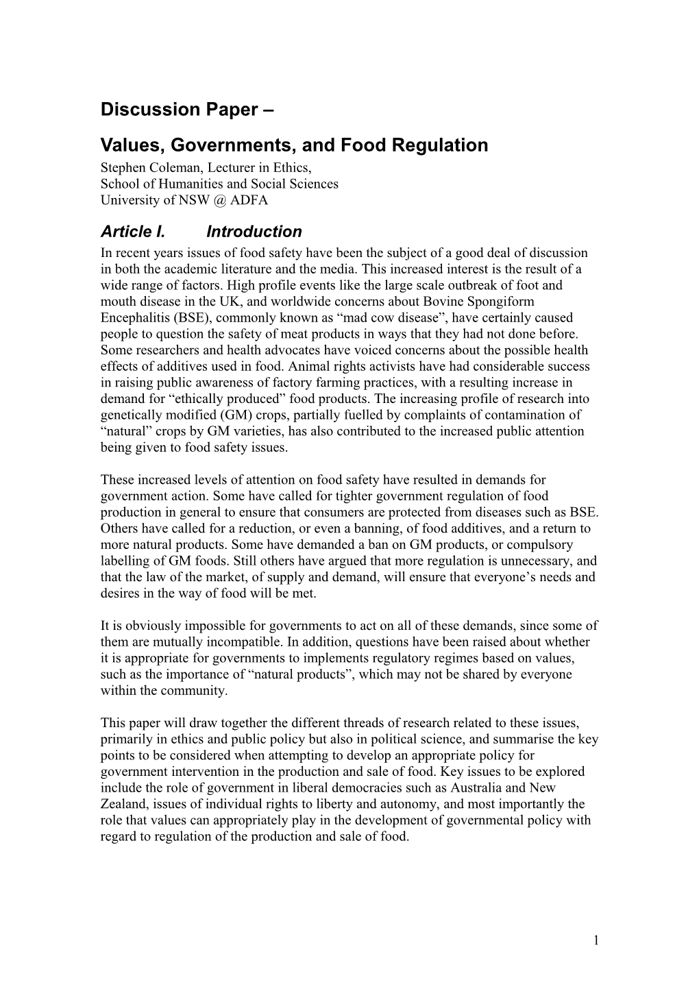 Discussion Paper Values, Governments, and Food Regulation