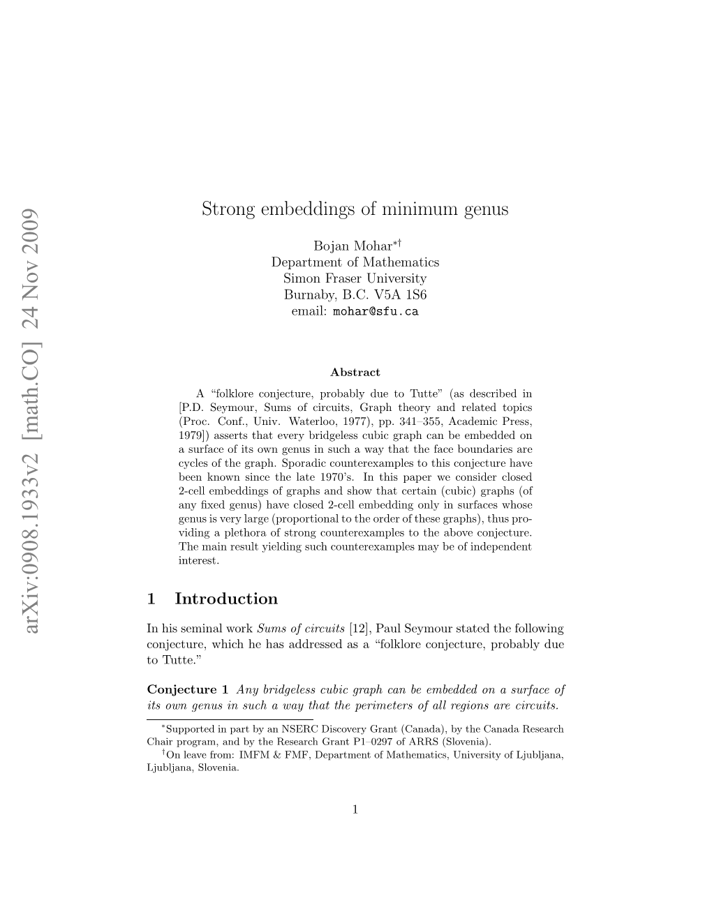 Strong Embeddings of Minimum Genus