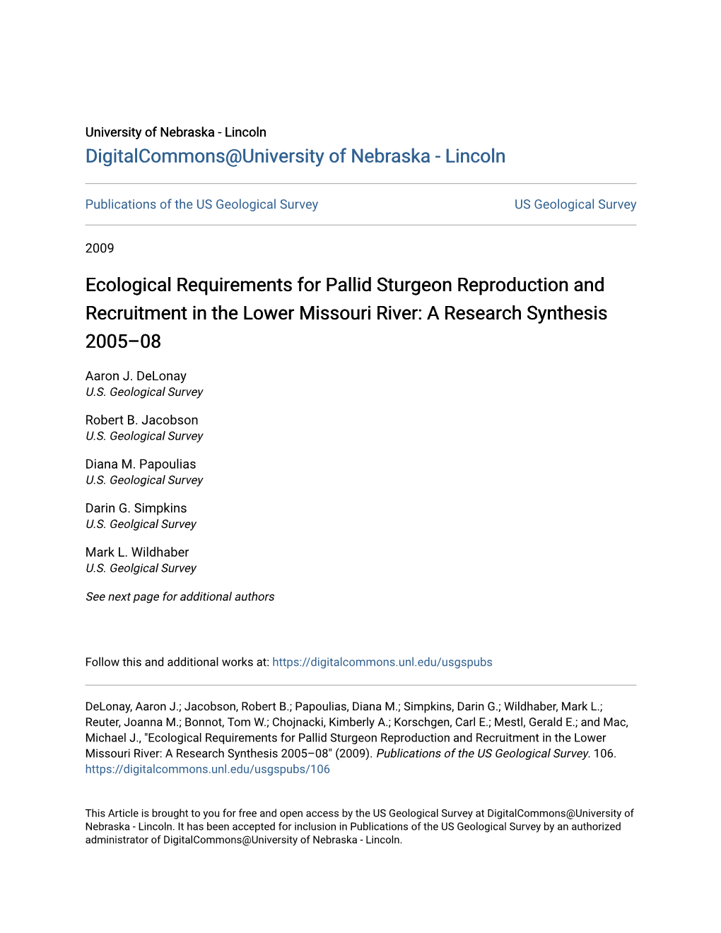 Ecological Requirements for Pallid Sturgeon Reproduction and Recruitment in the Lower Missouri River: a Research Synthesis 2005–08