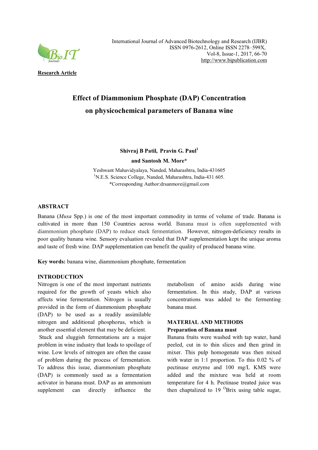 Effect of Diammonium Phosphate (DAP) Concentration on Physicochemical Parameters of Banana Wine