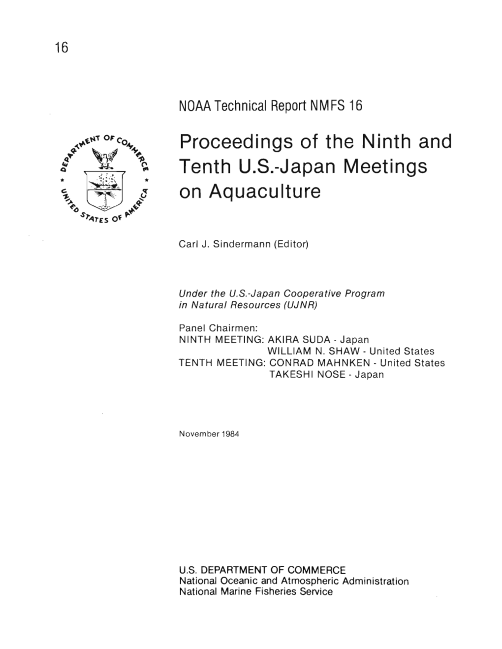 Proceedings of the Ninth and Tenth U.S.-Japan Meetings on Aquaculture