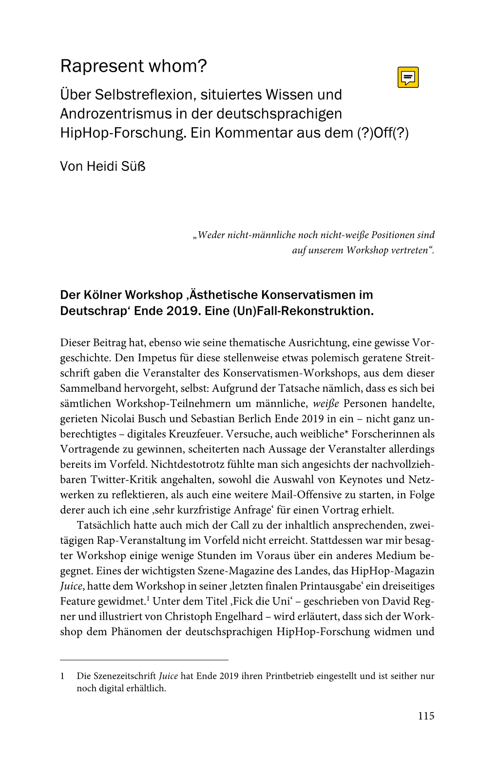 Rapresent Whom? Über Selbstreflexion, Situiertes Wissen Und Androzentrismus in Der Deutschsprachigen Hiphop-Forschung