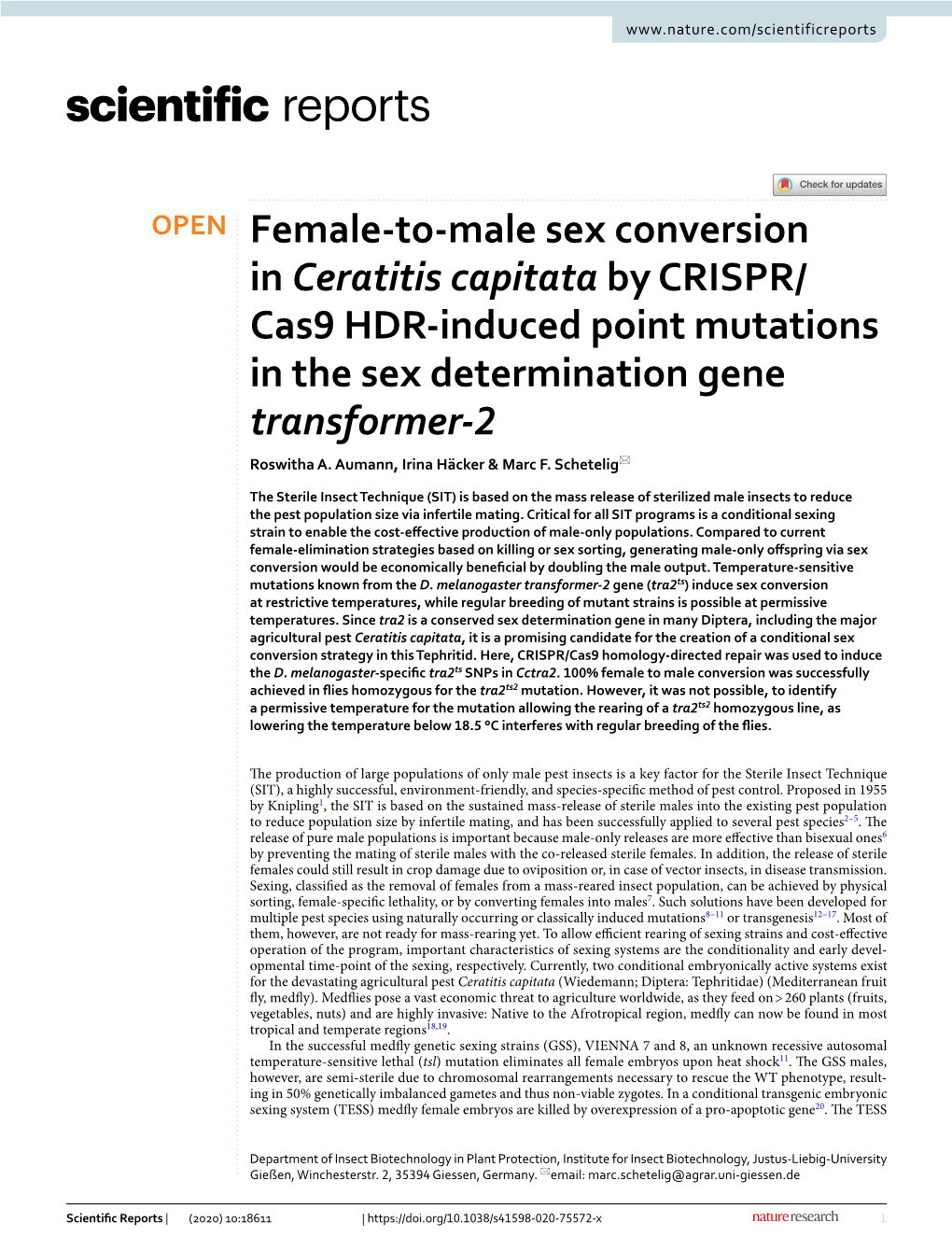 Female-To-Male Sex Conversion in Ceratitis Capitata by CRISPR/Cas9 HDR-Induced Point Mutations in the Sex Determination Gene