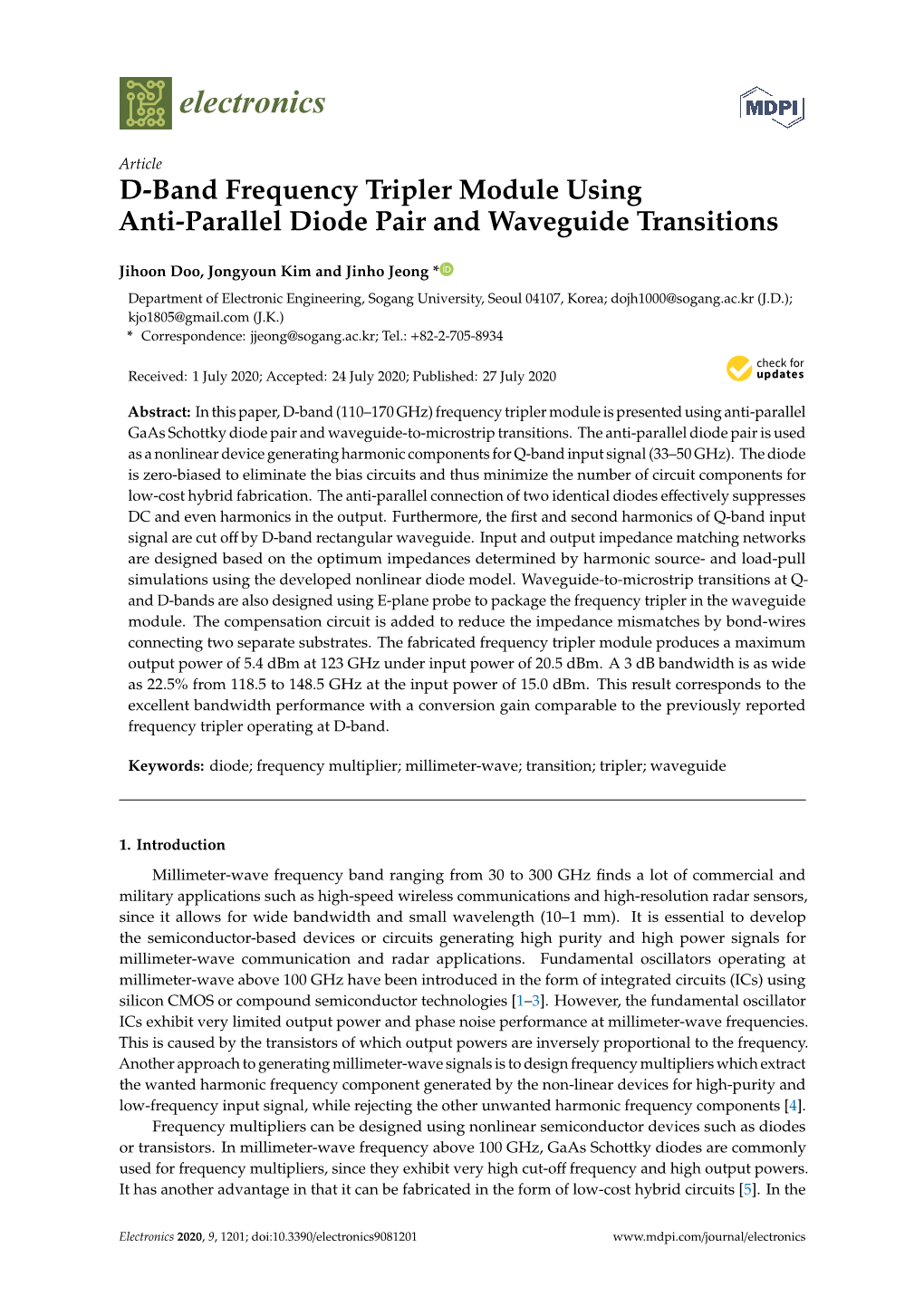 D-Band Frequency Tripler Module Using Anti-Parallel Diode Pair and Waveguide Transitions