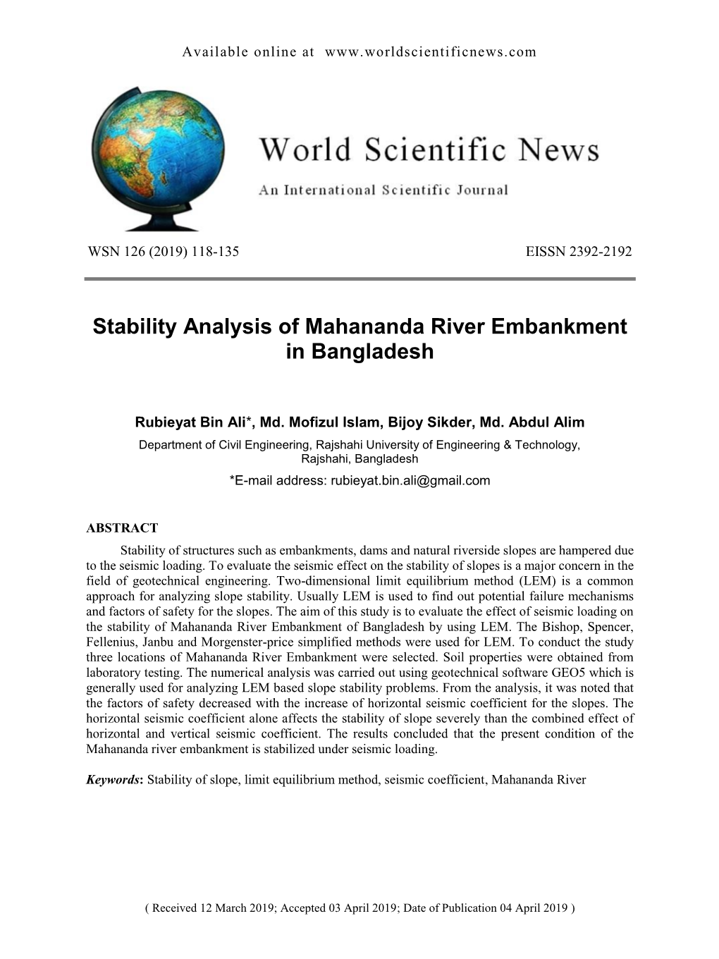 Stability Analysis of Mahananda River Embankment in Bangladesh