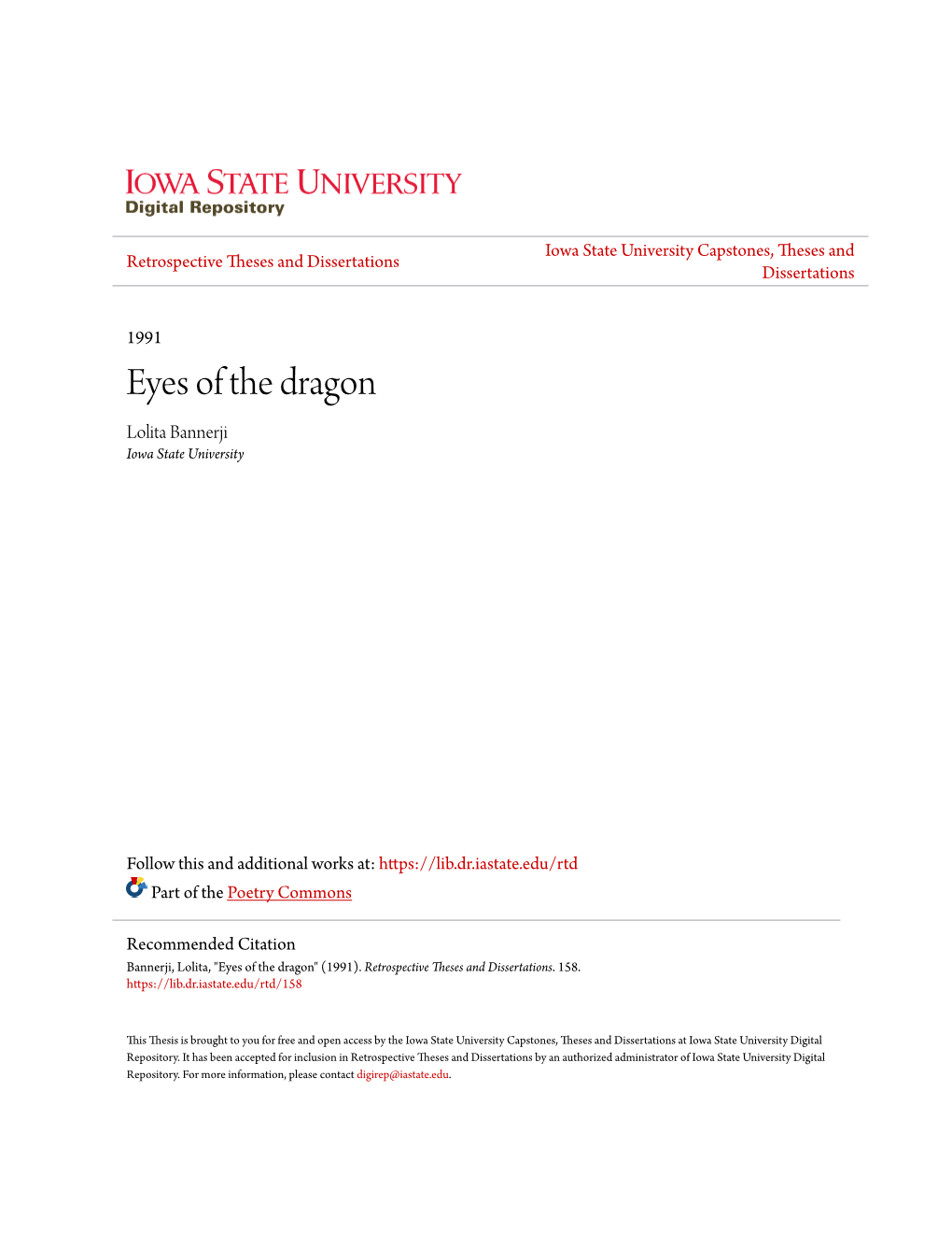 Eyes of the Dragon Lolita Bannerji Iowa State University