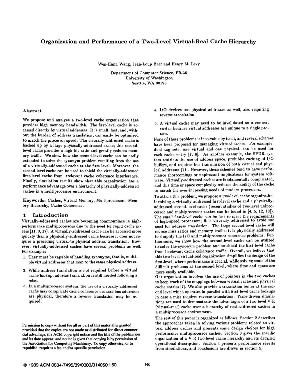 Organization and Performance of a Two-Level Virtual-Real Cache Hierarchy