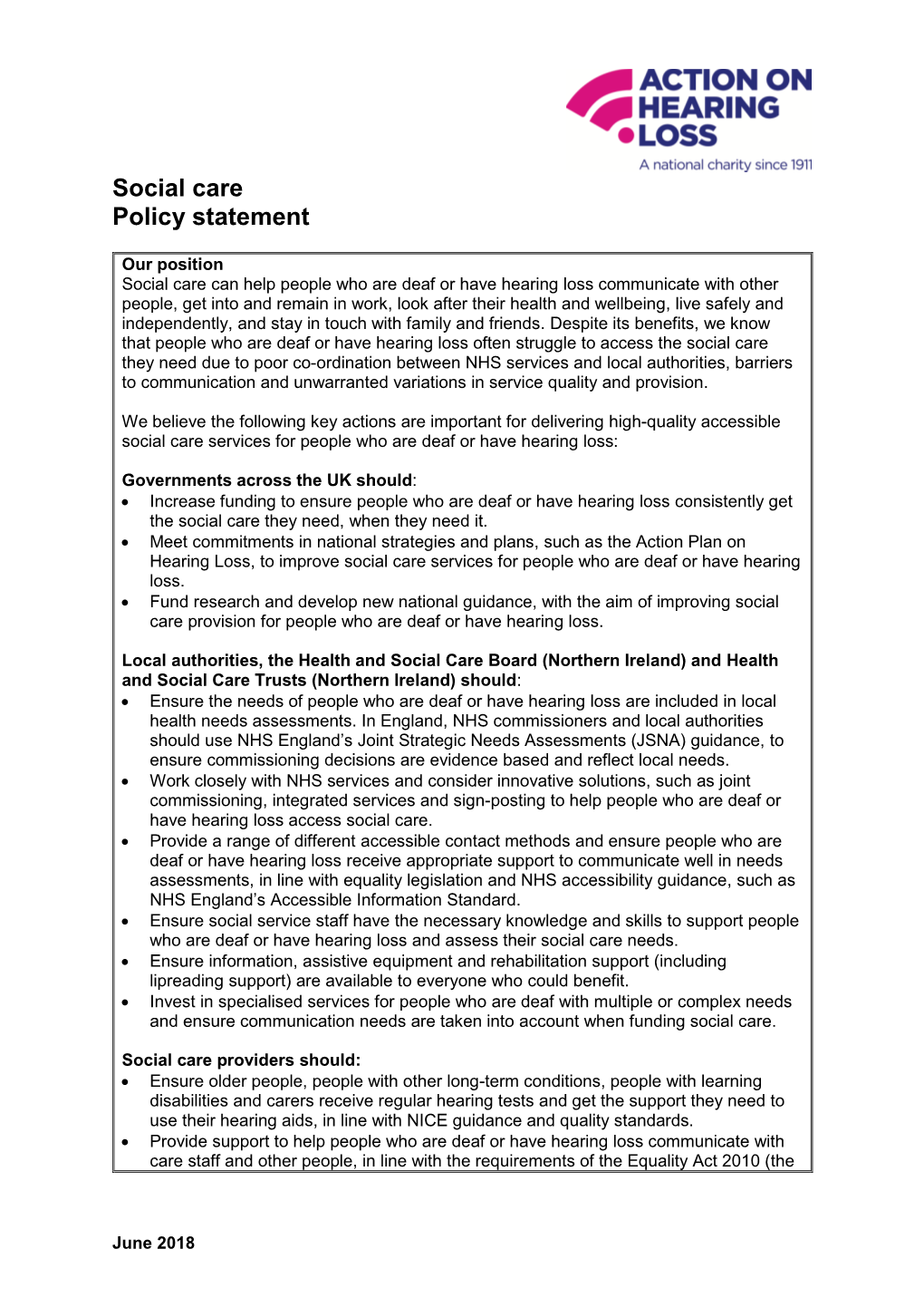 Download Our Social Care Policy Statement