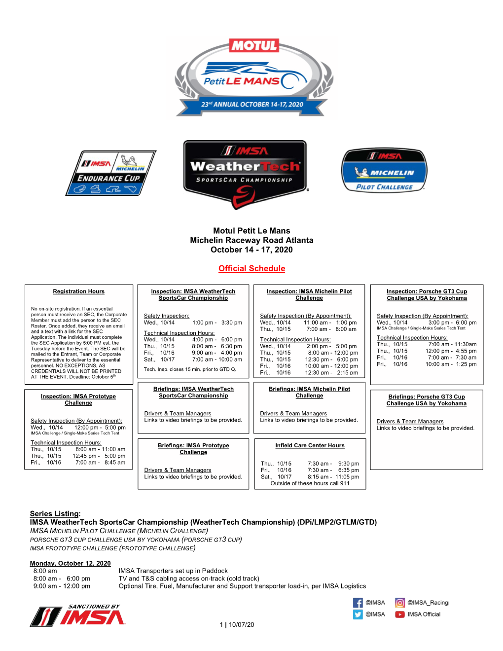 2020 IMSA Official Schedule and SR Petit Le Mans 100720 V1