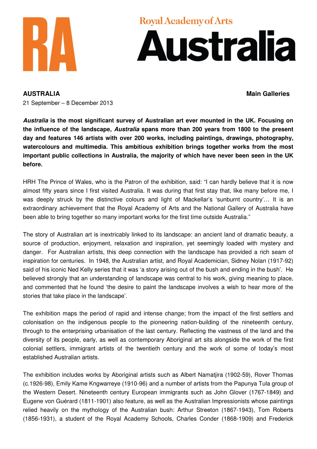 Royal Academy of Art Press Release