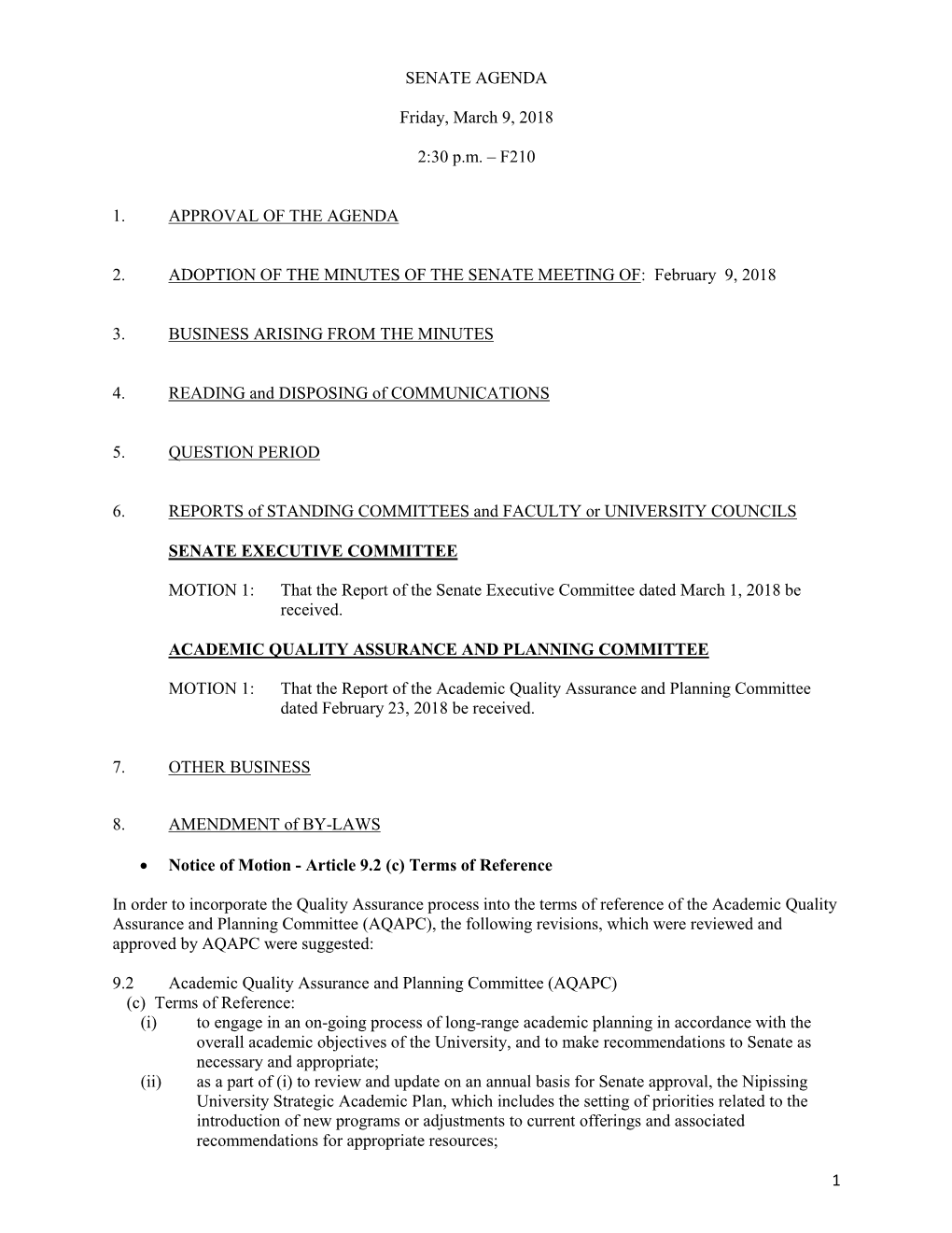 1 SENATE AGENDA Friday, March 9, 2018 2:30 Pm