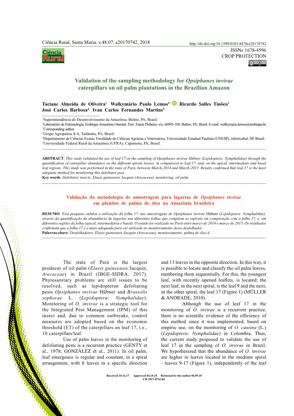 Validation of the Sampling Methodology for Opsiphanes Invirae Caterpillars on Oil Palm Plantations in the Brazilian Amazon